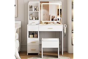 Otterease Vanity Desk with Mirror and Lights, 3 Lighting Colors and Power Outlet Makeup Vanity Desk with 5 Large Drawers and 3 Storage Shelves, White Vanity with Storage Stool for Bedroom