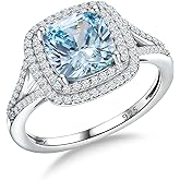 RANDES Birthstone Rings for Women 925 Sterling Silver Created Gemstone Cubic Zirconia Ring Heart/Pear/Round/Cushion/Emerald/Oval Engagement Double Halo Ring Size 6 to 10