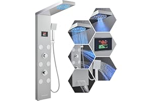 TSIBOMU Stainless Steel Shower Panel Tower System with LED lights(No battery need), Hydroelectric LED Rainfall Shower Tower System with 6 Pcs Body Jets, Brushed Nickel