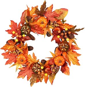 Corona decorativa para otoño, 55 cm, con hoja de arce, calabaza, piñas