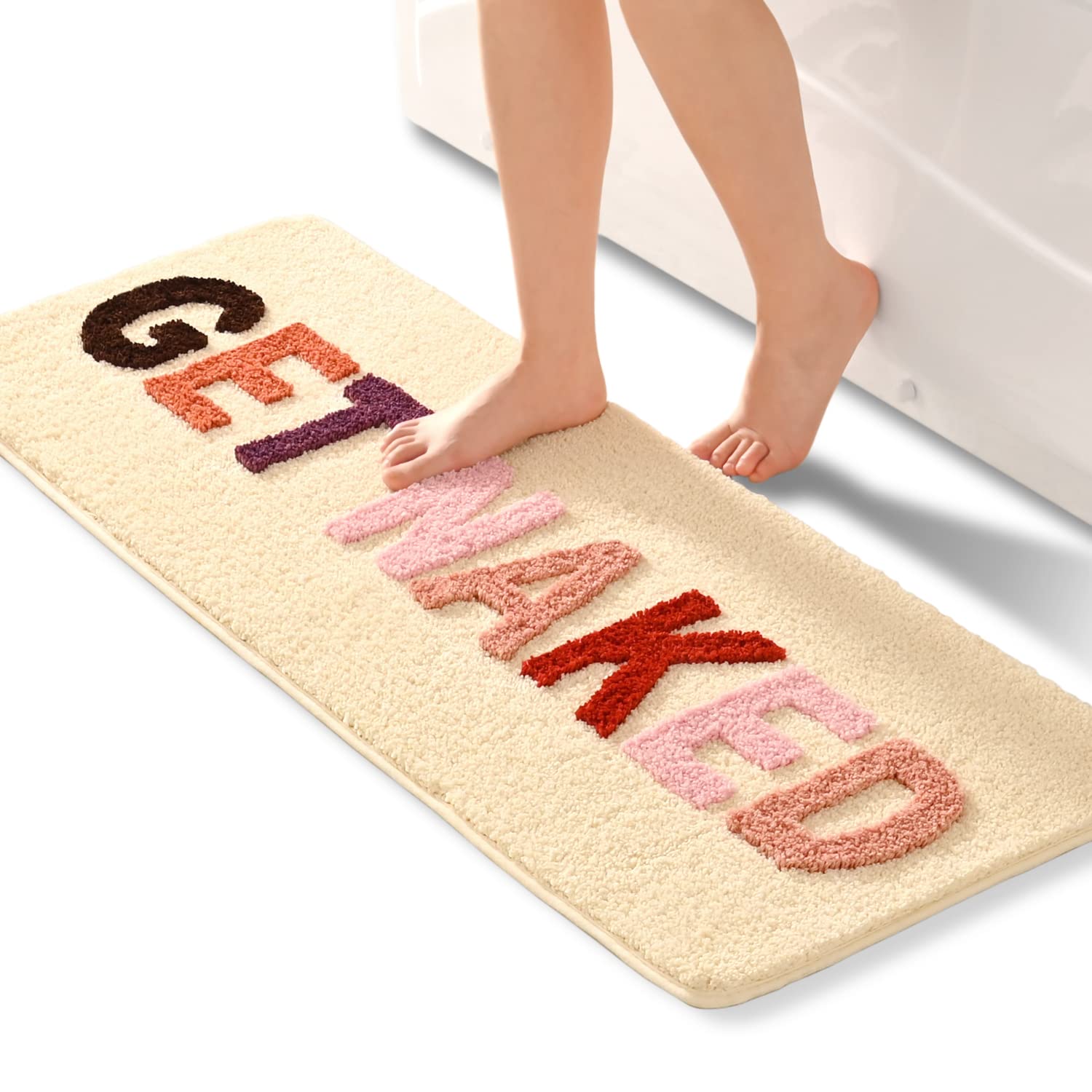 QJHOMO Get Naked Bath Mat Beige Bathroom Mats 45 x 120 cm, Non Slip Bath Mats for Bathroom, Colourful Letters Soft Microfiber Bathroom mat, Machine Washable Rug
