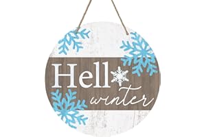 Deroro Hello Winter Sign for Front Door Decor, Winter Welcome Farmhouse Wood Door Hanger for Outdoor Outside Porch, Rustic Snowflakes Wooden Wreath Wall Hanging Decoration