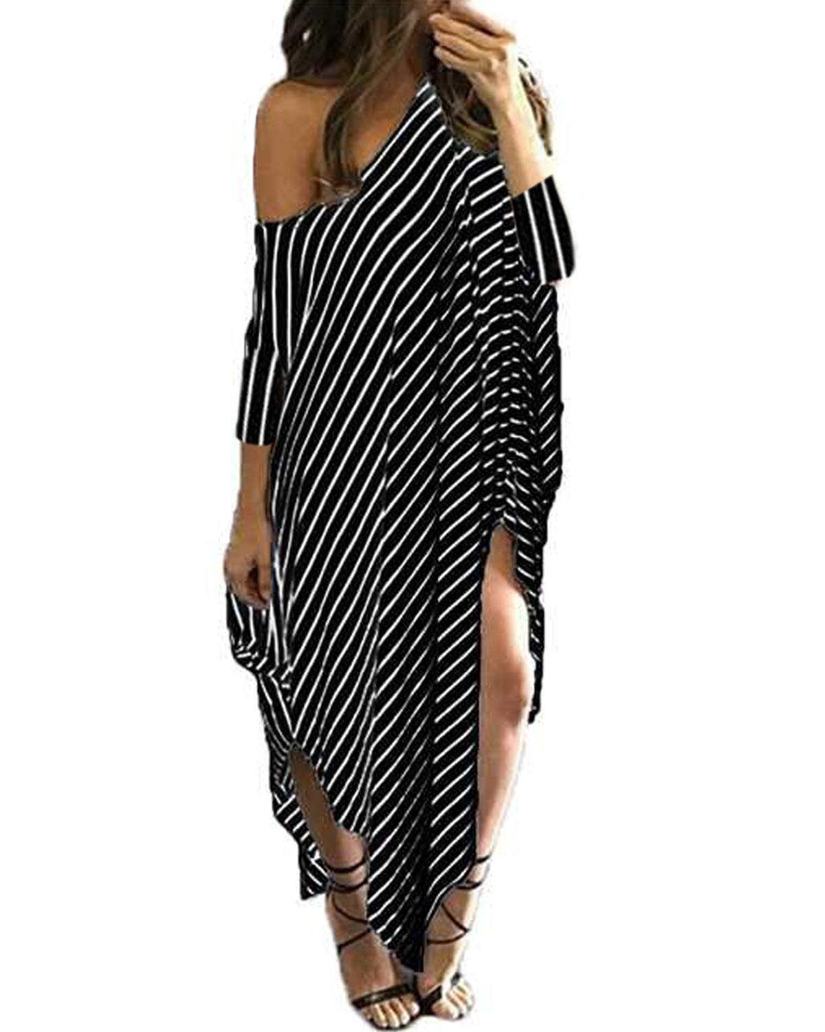 Womens Maxi Dress Casual Loose Striped Plain Long Dresses Kaftan