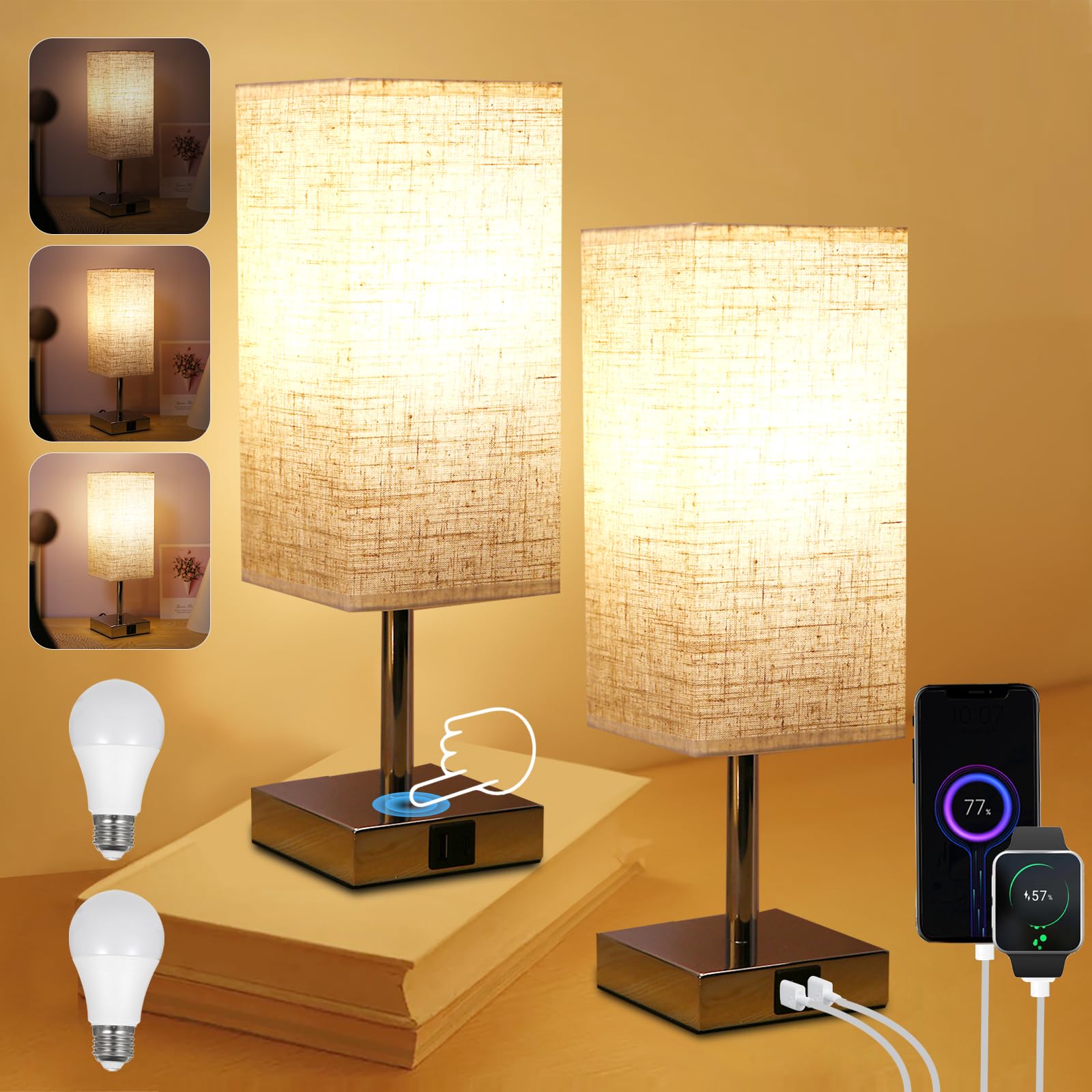 Neoglint Bedside Lamps Set of 2, Touch Control Table Lamps with USB-C+A Charging Ports and Bulbs, Fabric Shade Table Light with 3 Way Dimmable for Bedroom, Living Room, Office Visit The Ne