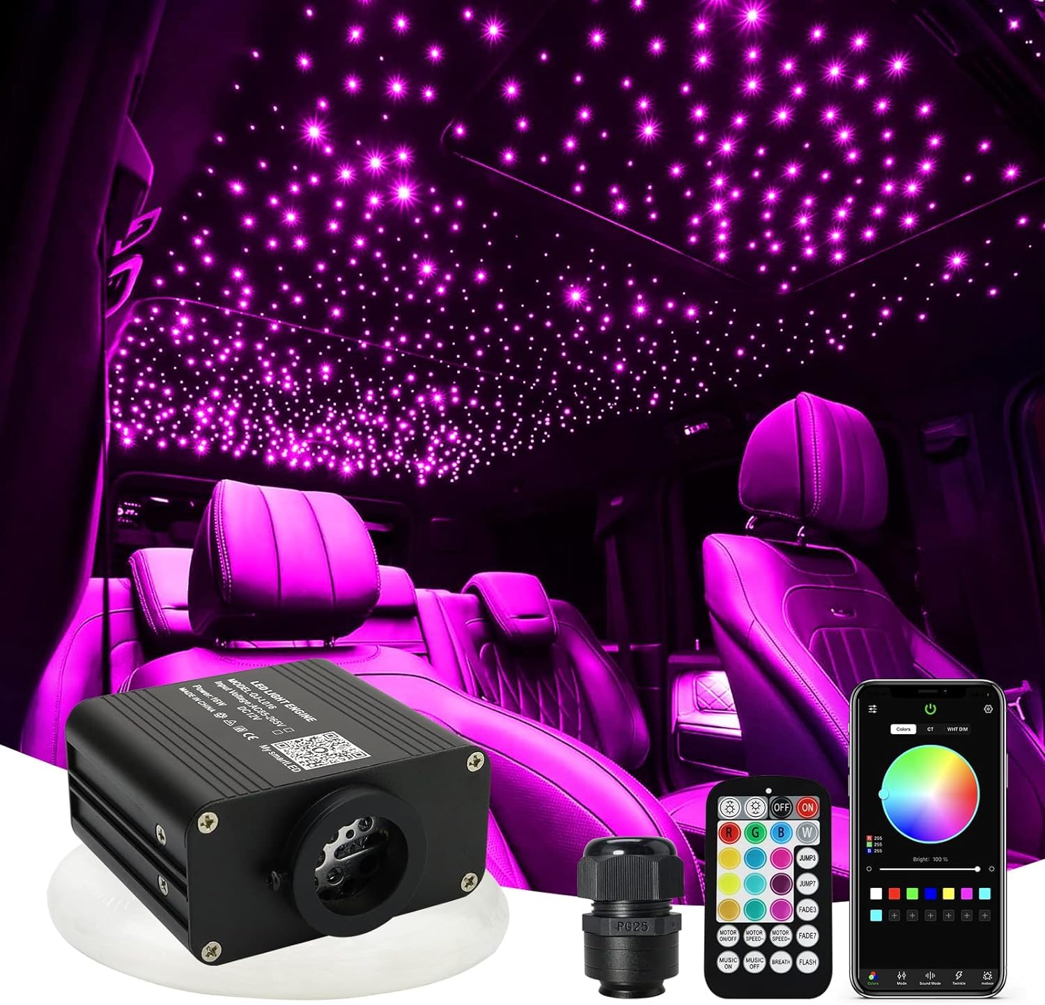Callsky Updated 16W RGBW Fiber Optic Light Twinkle&Music Mode Mixed 335pcs 9.8ft Cables APP Remote Sound Control Car Home Starlight Headliner Star Ceiling Light Kit 0.03in 0.04in 0.06in Strands