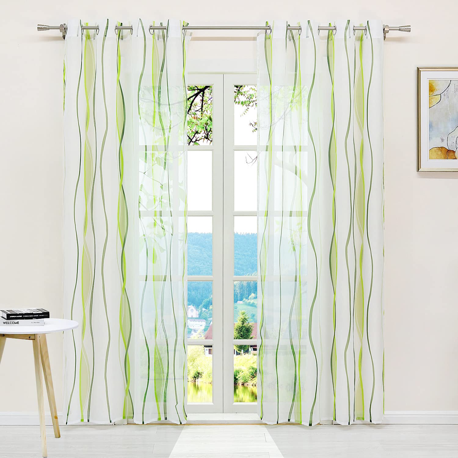 ESLIR Curtains with Eyelets Transparent Tab-Top Curtain Waves Pattern Voile Green W x H 140 x 175 cm Pack of 1