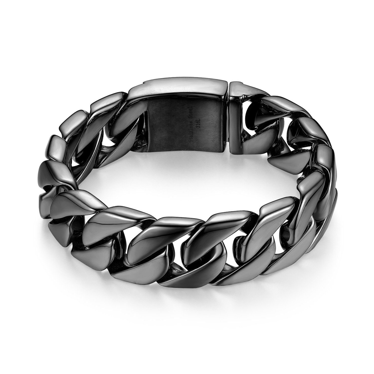 JewelryWe Men's Bracelet Large Heavy High Polished Stainless Steel Biker Curb Chain(Black)