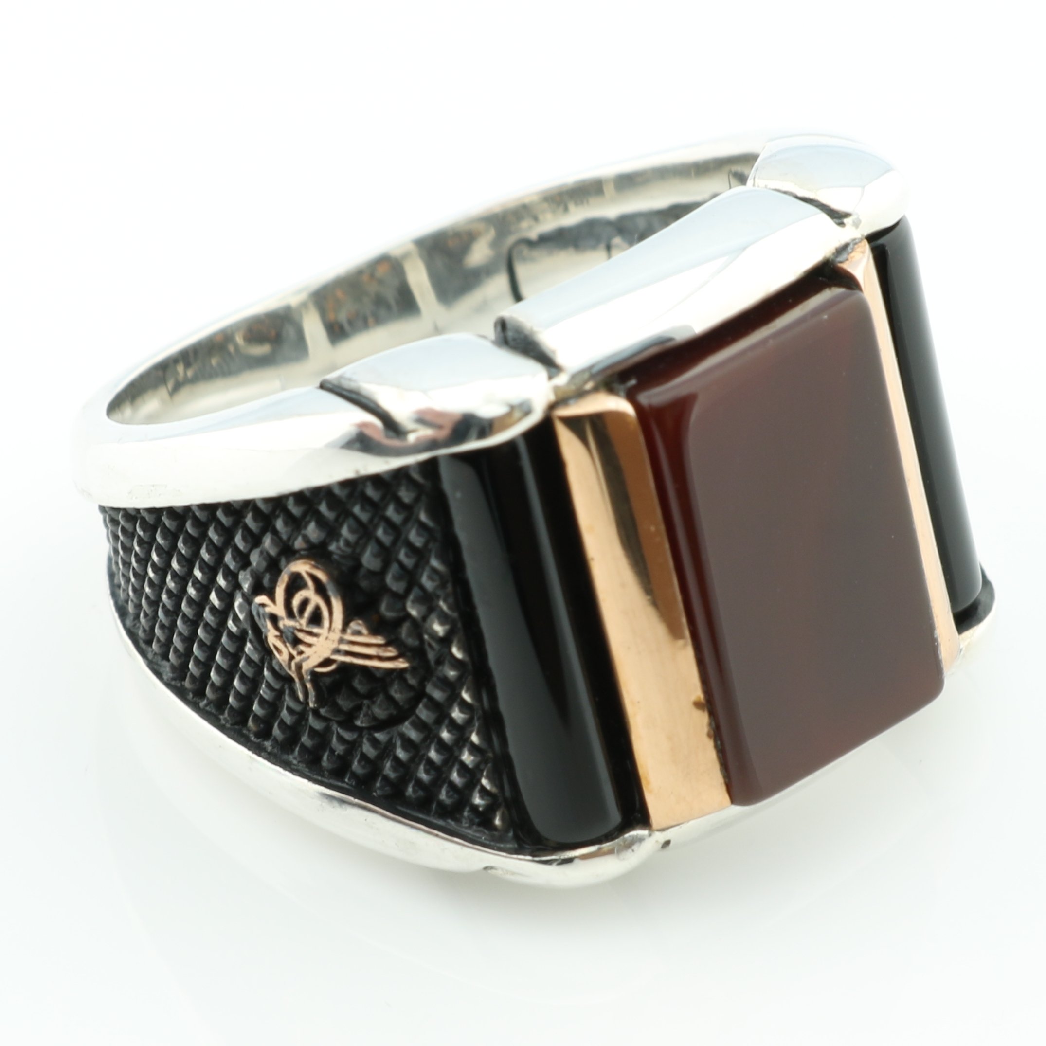 925k Stamped Sterling Silver Agate (Aqeeq) & Onyx Men's Ring K6P