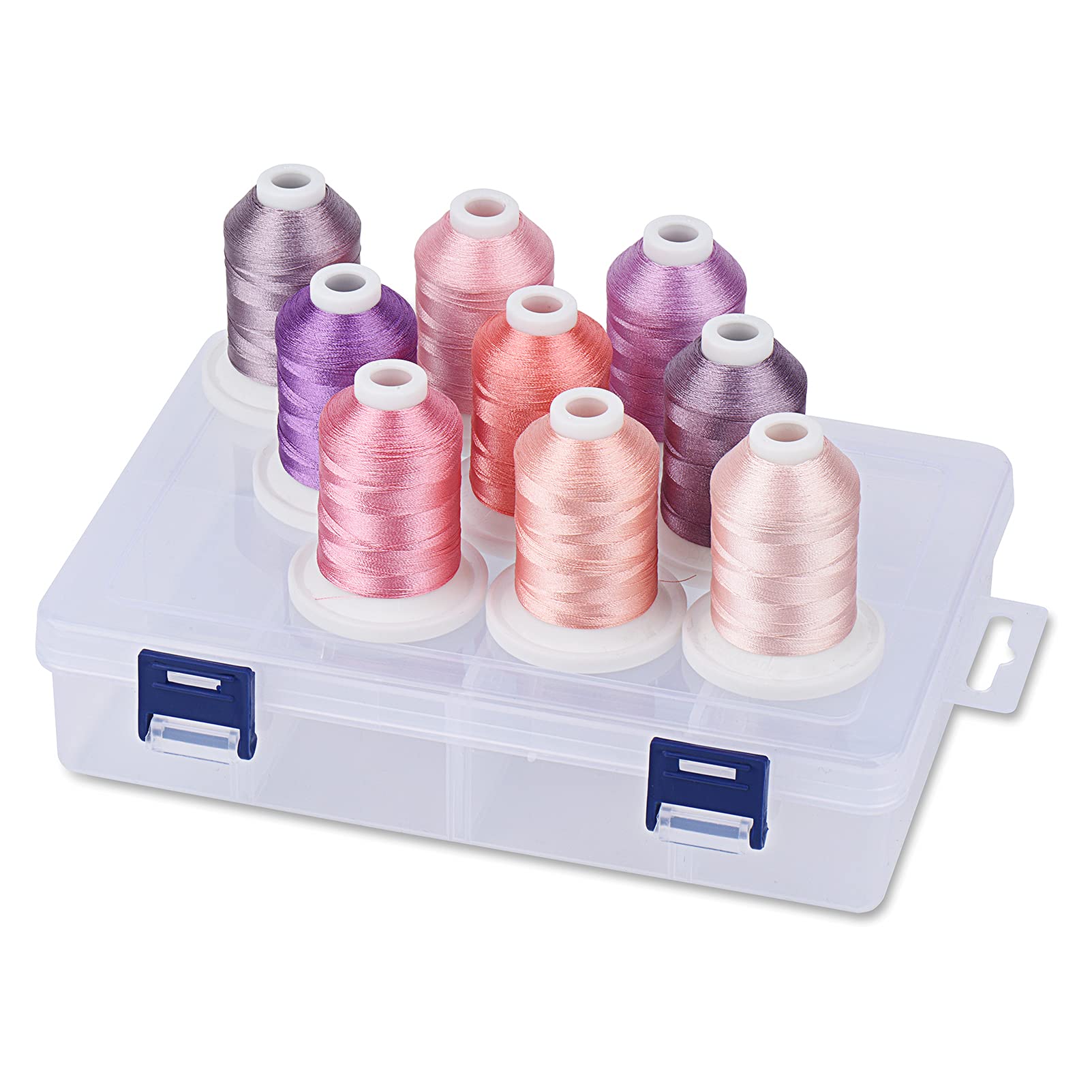 Simthread Polyester Machine Embroidery Thread with Plastic Storage Box, 9 Fresh Pink and Purple Colours, 800 Yards Snap Spools, for Professional Embroidery Design