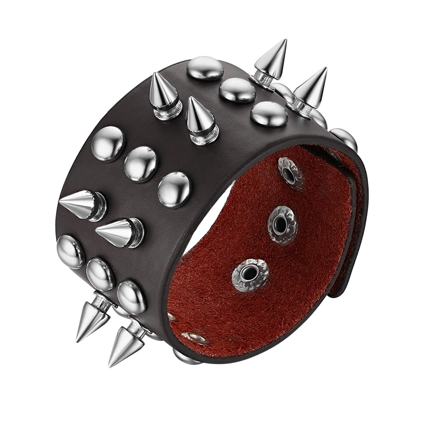 JewelryWe Men's Studded Bracelet,Punk Rock Style Rivet Wide Cuff Leather Bracelet Wristband,Adjustable