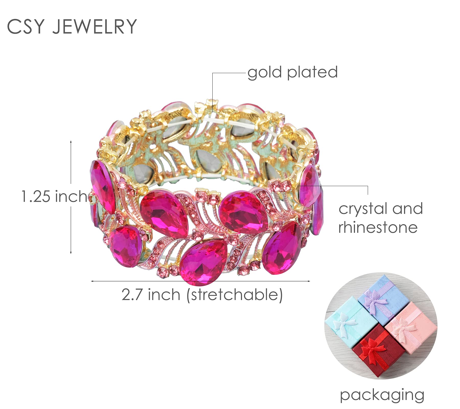 CSY Elegant Stretch Bangle Bracelets Bridal Art Deco Teardrop Crystal Elastic Wide Statement Bracelet for Women Party Prom