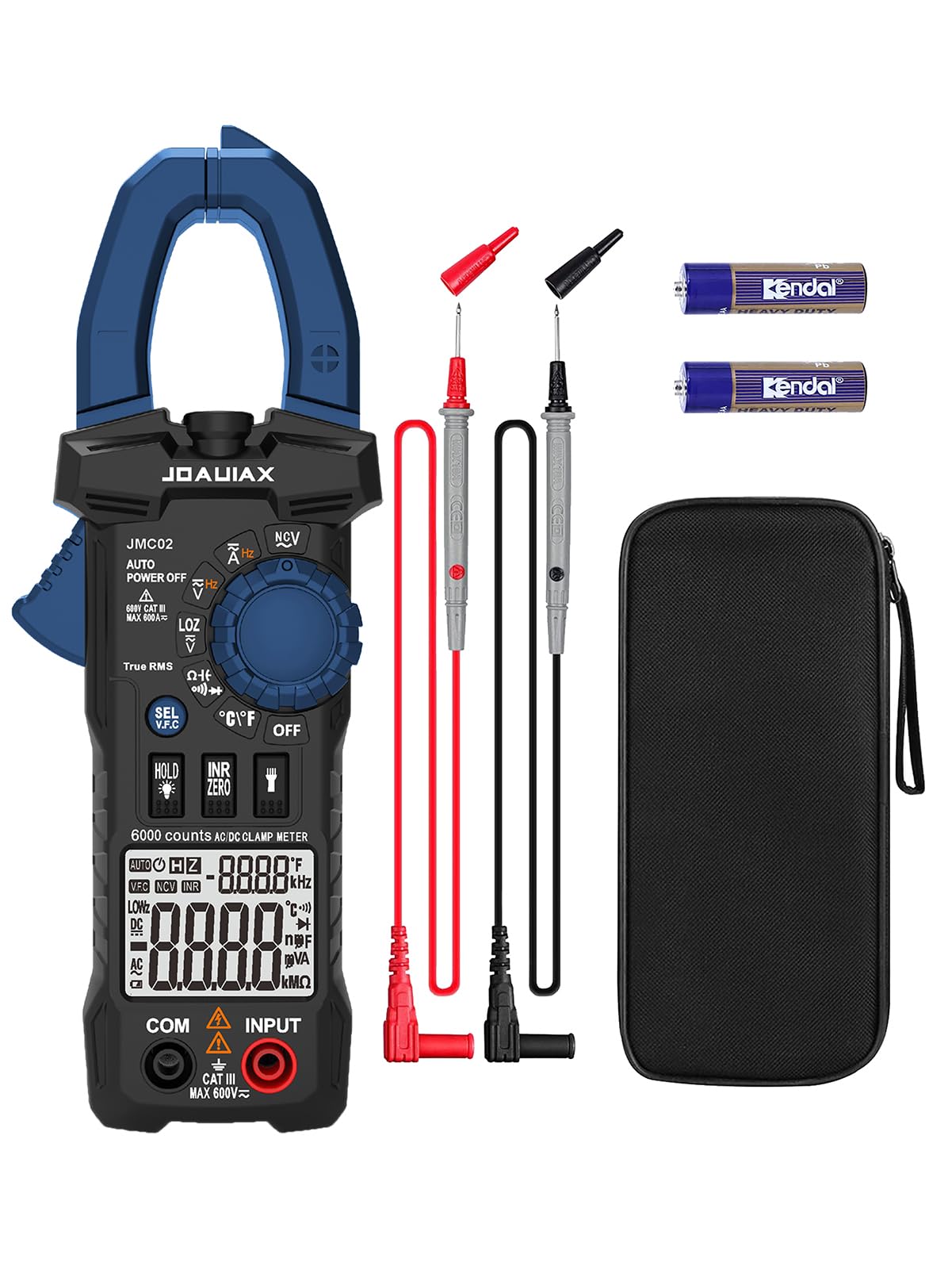 JOAUIAX Digital Clamp Meter,6000 Counts Auto Range TRMS Multimeter Tester 600A AC/DC Current,600V AC/DC Voltage Amp Meter with LowZ/V.F.C/INR/NCV/Dual Display/Data Hold/Auto Poweroff-JMC02
