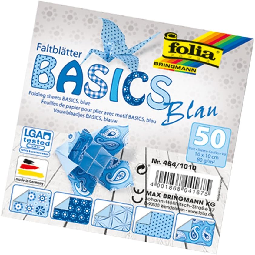 Folia Basics folding sheets, 80 g/qm, 50 sheets assorted in 5 designs, Blue, 10 x 10 cm