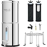 Purewell 2.25G Gravity Water Filter System with Water Level Window, 3-Stage 0.01μm Ultra-Filtration Stainless Steel Countertop System with 2 Filters and Stand, Reduce 99% Chlorine, PW-KS