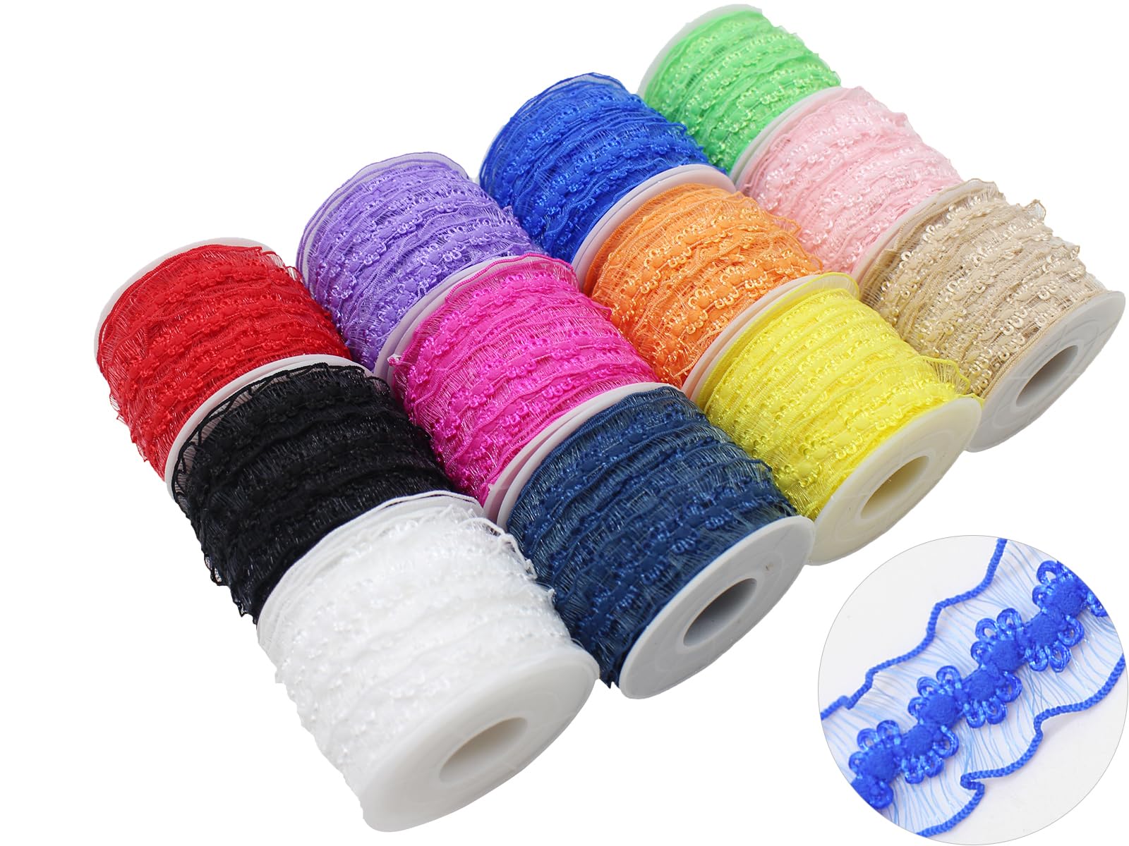 Photo 1 of JESEP YONG 120 Yards Elastic Ruffle Ribbon for Sewing Assortment Organza Lace Trim 3/4 inch Stretch Crochet Craft Lace Trim Band Clothing and Garment for DIY Headband-Clothes-Bonnets-Hat