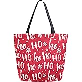 Chic Large Shoulder Grocery Tote Bag, Christmas Cute Santa Claus Laugh Hohoho Pattern Canvas Reusable Handle Bags for Men Women Gym Weekender Picnic Beach Travel Home Storage Market Shopping,Red