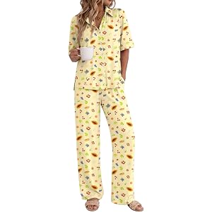 Ekouaer Pajamas for Women Set Button Up Short Sleeve Pjs with Long Pants | Summer Sleepwear, Deep Pockets, Soft Fabric, 2 Pie