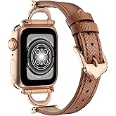 Osber Genuine Leather Band Compatible with Apple Watch Women 42mm 44mm 45mm 46mm(2024 series 10) 49mm(Ultra 2/1), Designer Slim Leather Strap with D-Shape Gold Metal Buckle for iWatch Series 10 9 8 SE 7 6 5 4 3 2 1, Dark Brown