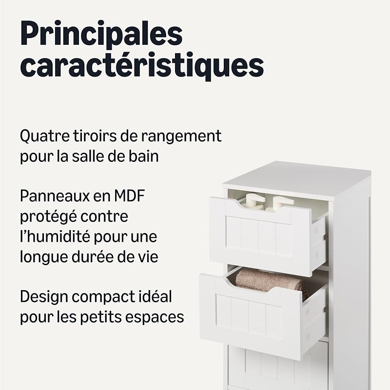 Meuble de Rangement de Salle de Bain avec 4 tiroirs, Rangement sous évier, Construction MDF, Blanc, 30cm x 30cm x 82cm — photo 2 sur 5