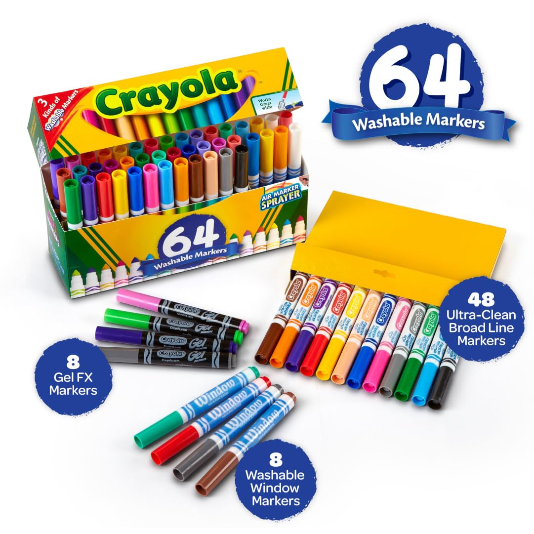 Crayola Washable Broad Line Marker Variety Set (64ct), Ultra-Clean, Window, & Gel FX Markers for Kids, Coloring Supplies for Arts & Crafts, Ages 3, 4, 5