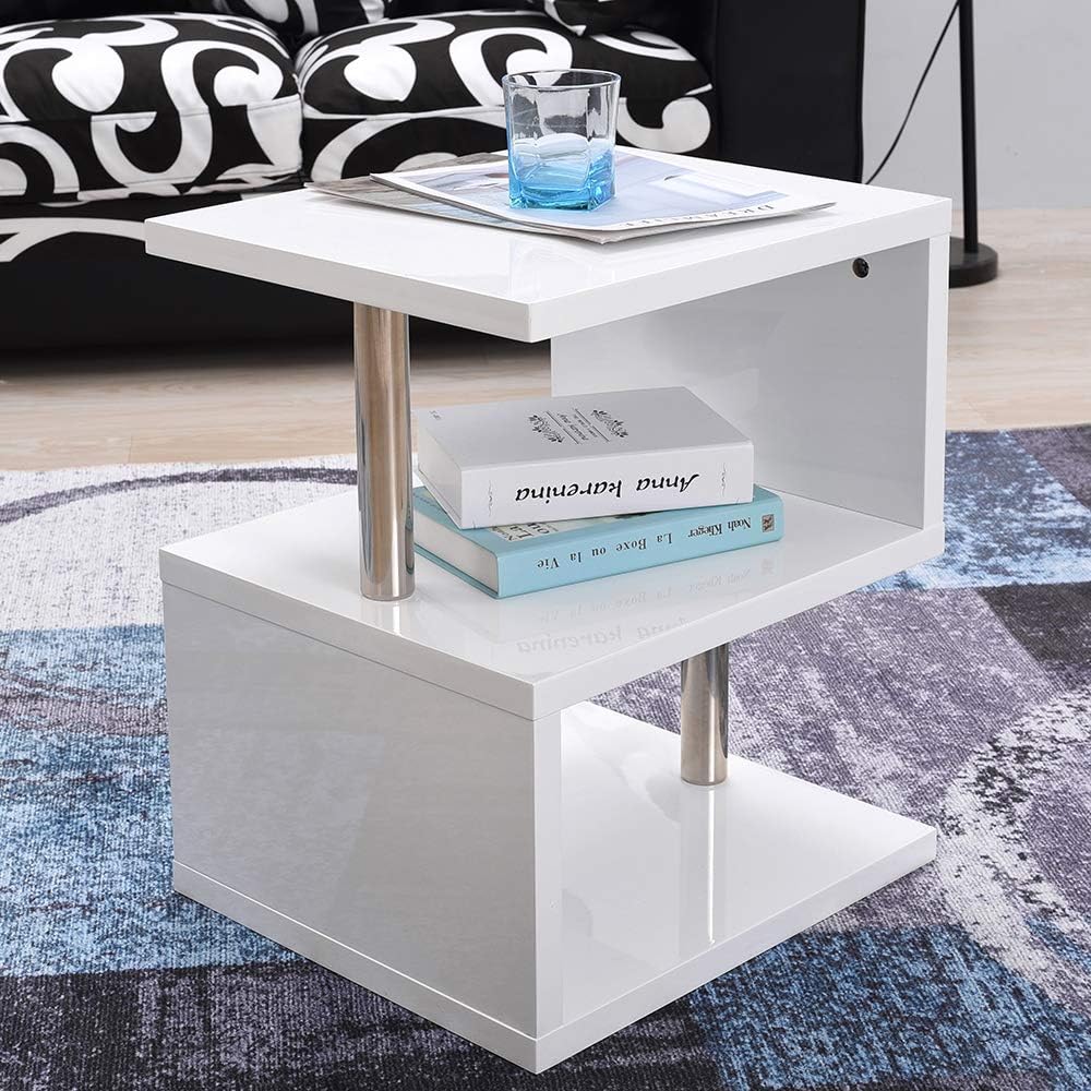 PALDIN Coffee End Table, Multifunction S Shape High Gloss Side Table