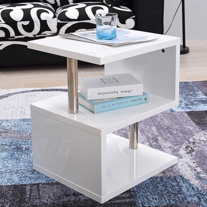 PALDIN Coffee End Table, Multifunction S Shape High Gloss Side Table