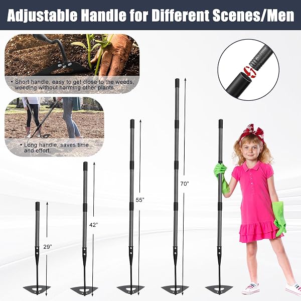 HOE GARDEN TOOL, HOLLOW HOE WITH 55 INCH LONG HANDLE, ADJUSTABLE MANUAL WEEDER HEAVY DUTY GARDEN HOE FOR WEEDING, DIGGING, HOEING, CUTTING AND LOOSING SOIL