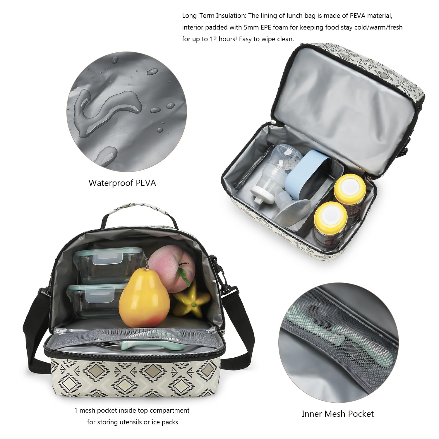 Baby's Geometric Diaper Tote Bag Small Breast Pump Bag Breastmilk Cooler Bag Double Layer for Mother Breast Milk Storage Bag (Rectangle)