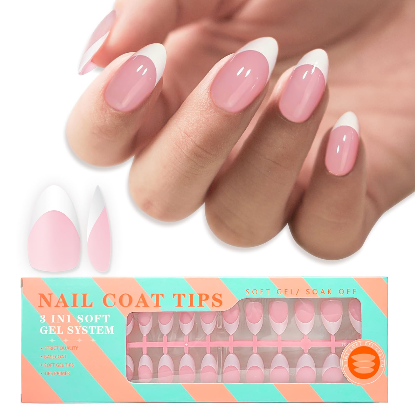 Short Almond Gel Tips - 15 Sizes, 150pcs Pink Soft Gel, French Nail Tips. DIY Press On Nails with Pre-Primer, Base & Color Gels