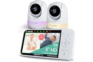 Babysense Prisma Baby Monitor with Camera and Audio, 5” HD Video Baby Monitor with 2 Cameras, 6-Color Night Light, Split Screen, Sound Machine with White Noise & Lullabies, Secure No WiFi