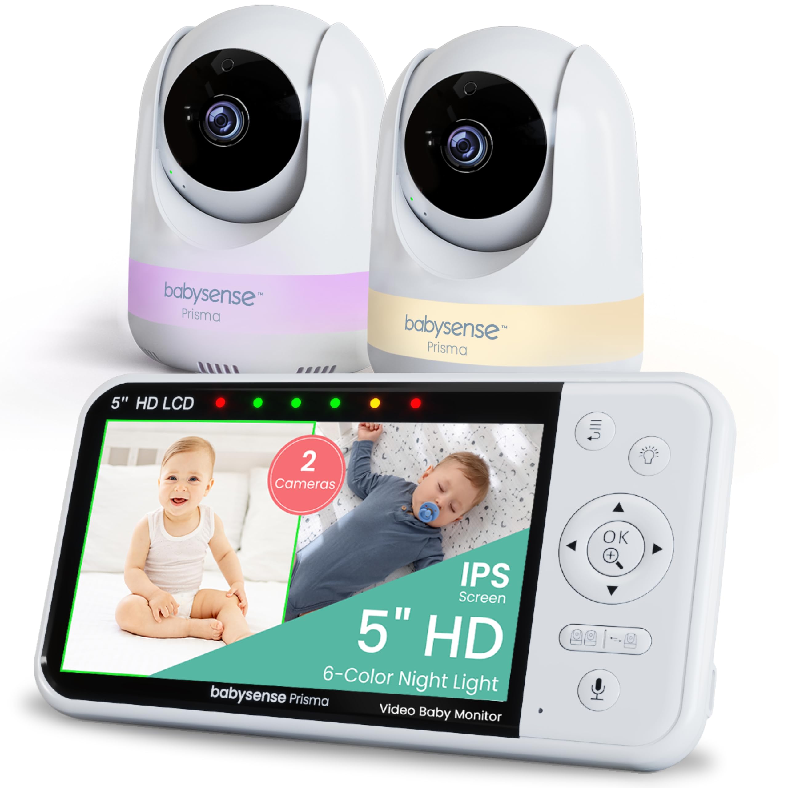 Babysense Prisma Baby Monitor with Camera and Audio, 5” HD Video Baby Monitor with 2 Cameras, 6-Color Night Light, Split Screen, Baby Sound Machine with White Noise & Lullabies, Secure No WiFi