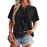Falechay Womens Boho Tops V Neck Short Sleeve Lace Trim Blouses Peasant Tassel Tie Front Casual Cute Shirts