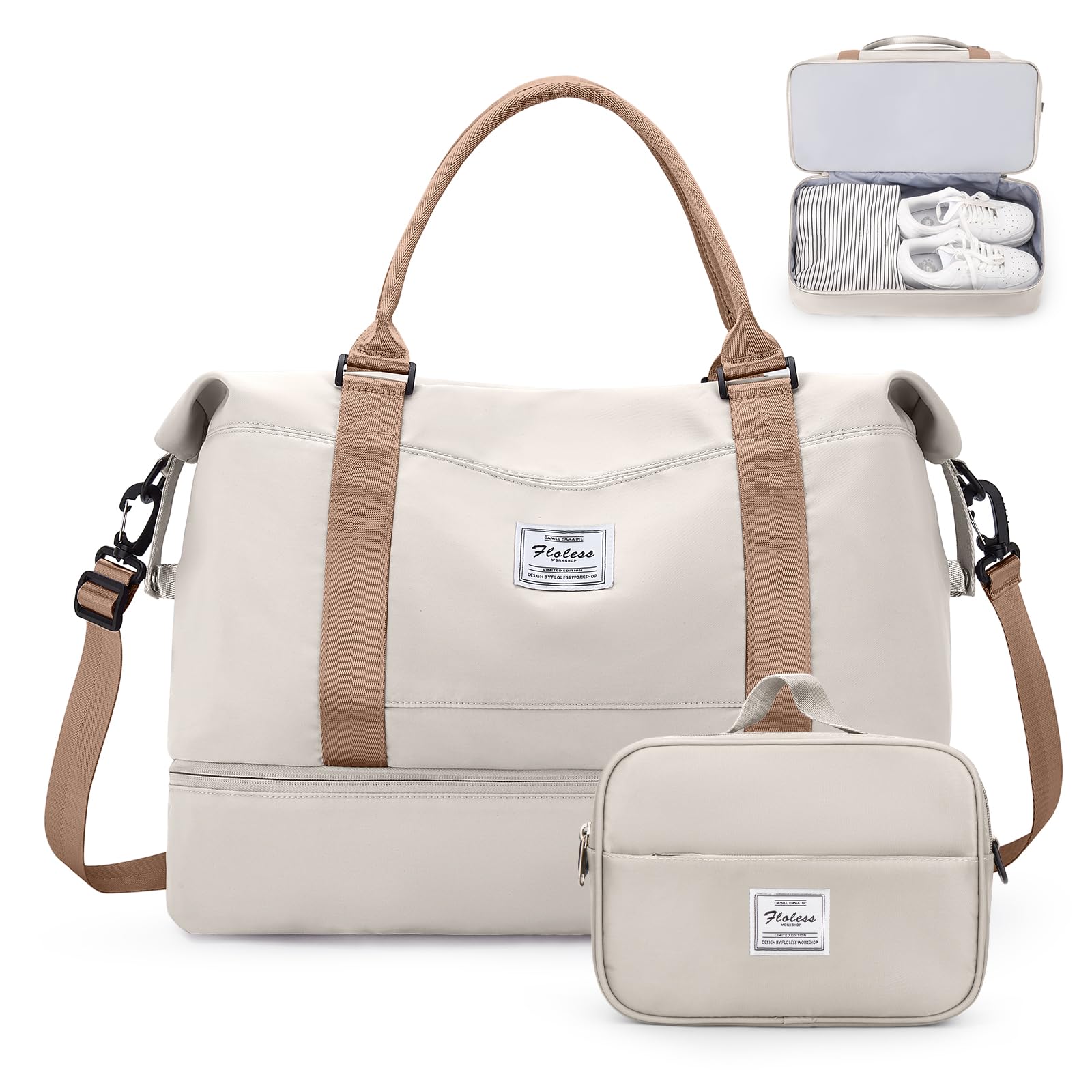 Photo 1 of Weekender Bags for Women,Overnight Travel Duffel Bag with Shoes Compartment& Toiletry Bag,Extra Large(Beige & Brown)