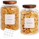 CZHQSMZ Set Of 2 Large Glass Jar with Wooden Lid with 132 Labels, Glass Storage Jars for Flour Pasta Candy Coffee Cookie and 