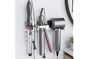 Tindbea Hair Dryer Holder Curling Iron Holder Flat Iron, Blow Dryer Holder Wall Mount, 3 in 1 Bathroom Hair Tool Organizer Rack for Universal Dryer, Silver Color