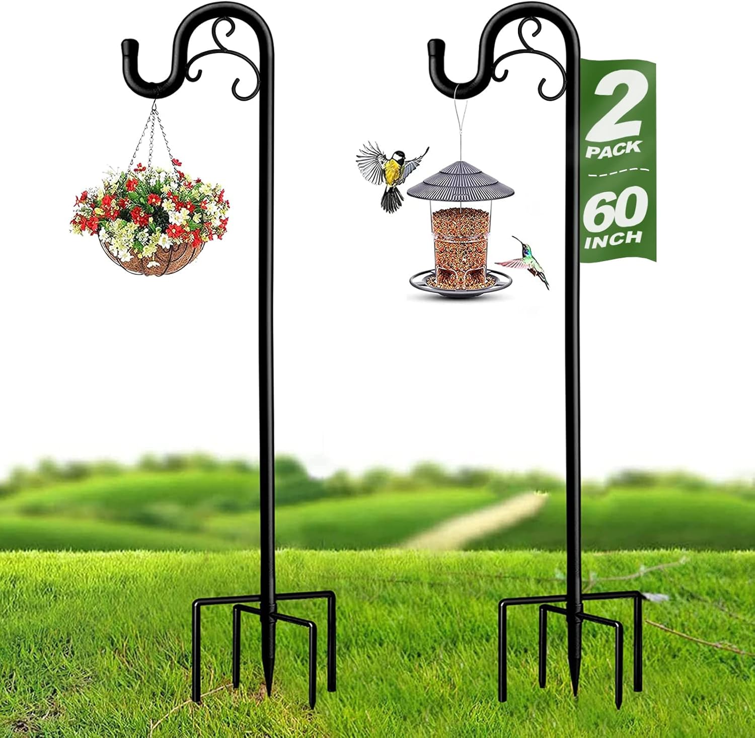 Outdoor Shepherd's Hooks - MELOHO Shepards Hooks for Outdoor, 60 Inch Adjustable Shepherds Hook for Bird Feeders for Outside (2pcs), Heavy Duty Humming Bird Stand Feeder Pole, Metal Garden Hooks Hanger for Outdoor Décor