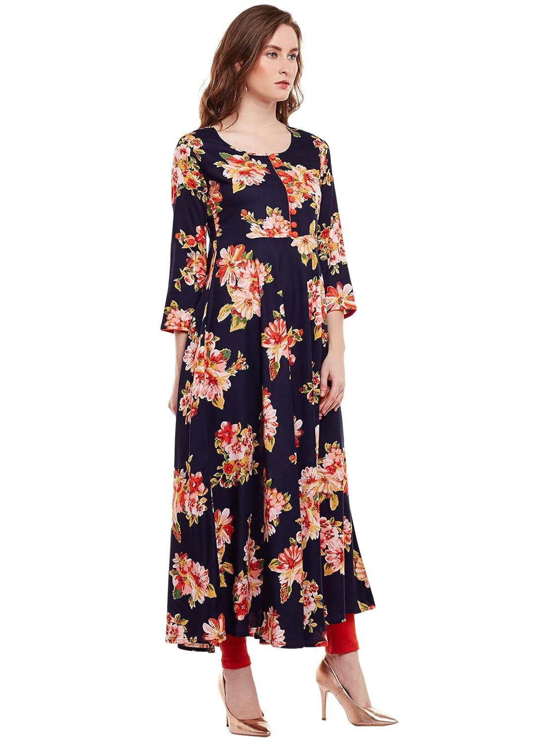 viscose floral printed flared kurta with buttons