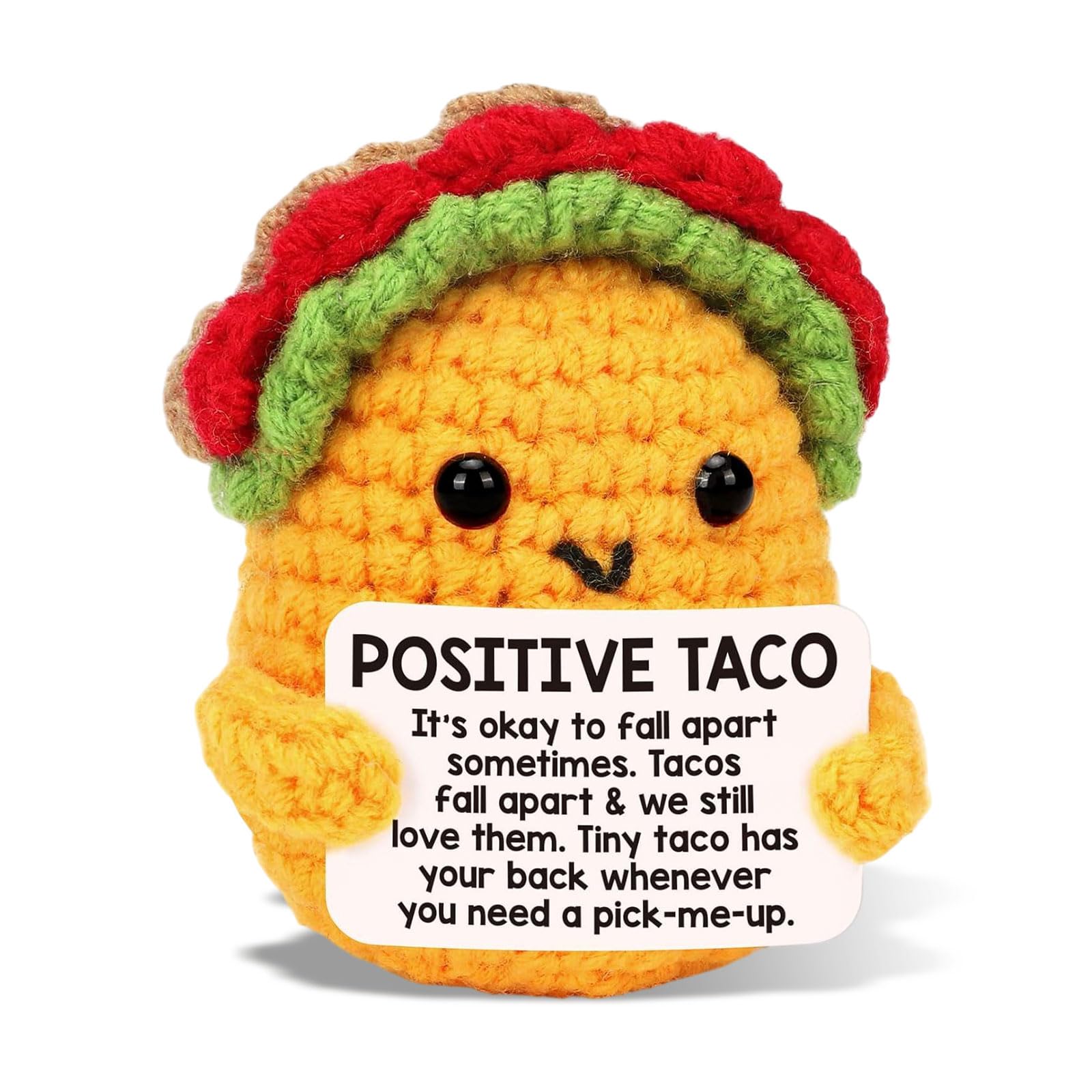 Tastetreasure Positive Energy Crochet Doll, Mini Funny Handmade Knit Food Figurine with Encouraging Message Card, Cute Emotional Support Gift for Friends, Creative Office Desk Decor, Pocket Hug