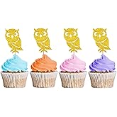 24PCS Owl Cupcake Toppers, Owl Themed Baby Shower Party Cake Decor, Owl Food Picks for Animal Themed Party Cake Decoration - Gold Glitter