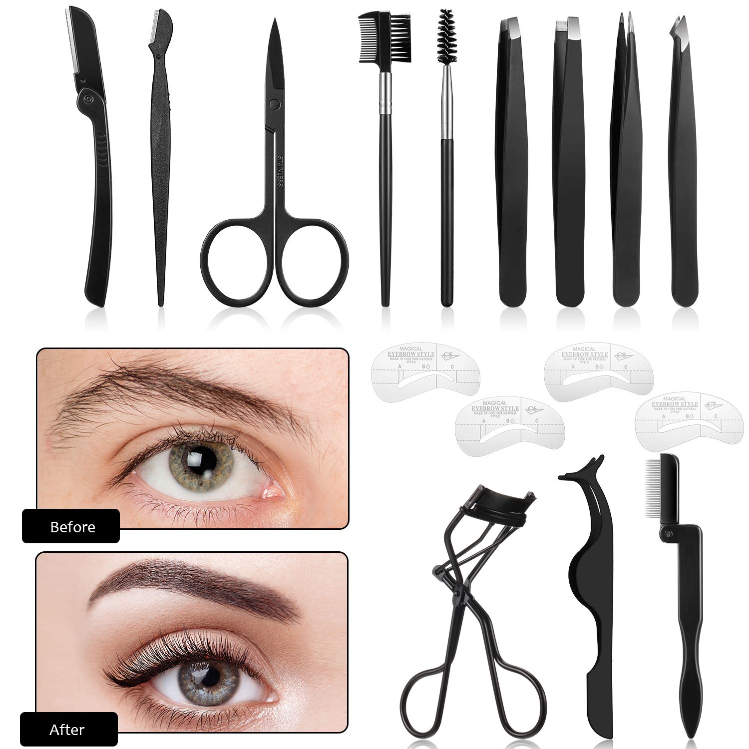 16 Pieces Eyebrow Tweezers Grooming Kit, 16 in 1 Eyebrow Kit with Eyebrow Scissors Trimmer Brush Razor Tweezers Stencil Shaper, Eyelash Curler False Eyelashes Applicator Tool Brows Dermaplaning Tools: Beauty