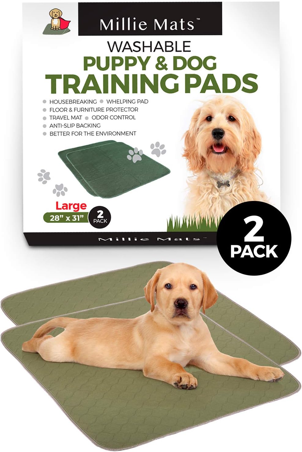 MILLIE MATS Washable Dog Training Pee Pads 2 pack antislip Leak proof