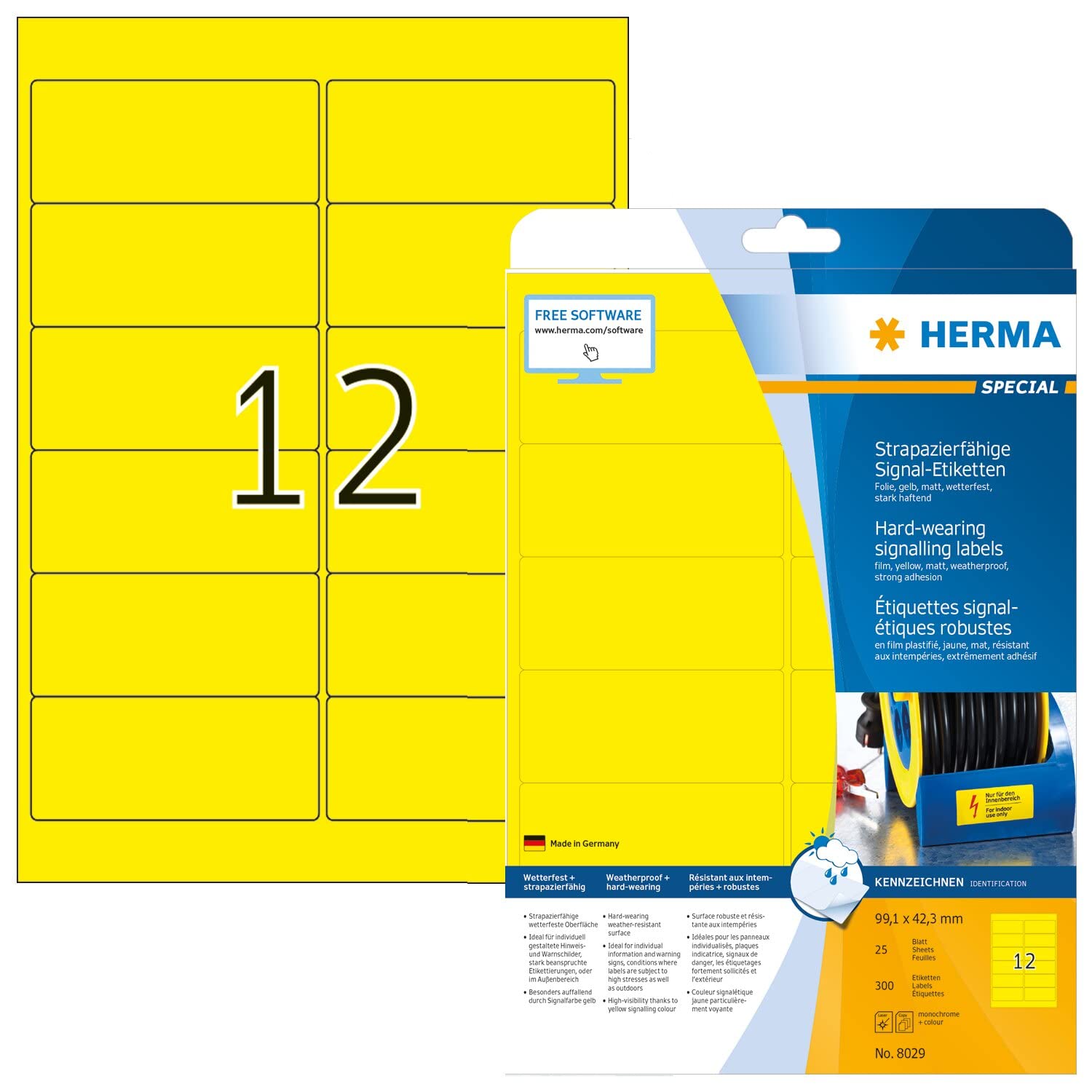 HERMA Self Adhesive Film Labels, 12 Labels per A4 Sheet, 25 Sheets, 99.1 x 42.3 mm, 300 Labels, Blank Weatherproof Labels Stickers, Sticky Labels for Laser & Inkjet Printer, Yellow