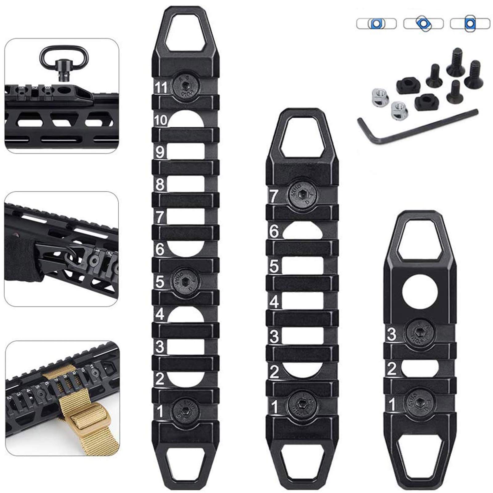 3pcs 3-Slot 7-Slot 11-Slot M-L-O-K/Keymod Aluminum Compatible Picatinny Rail Section Accessories for M-L-O-K/Keymod System