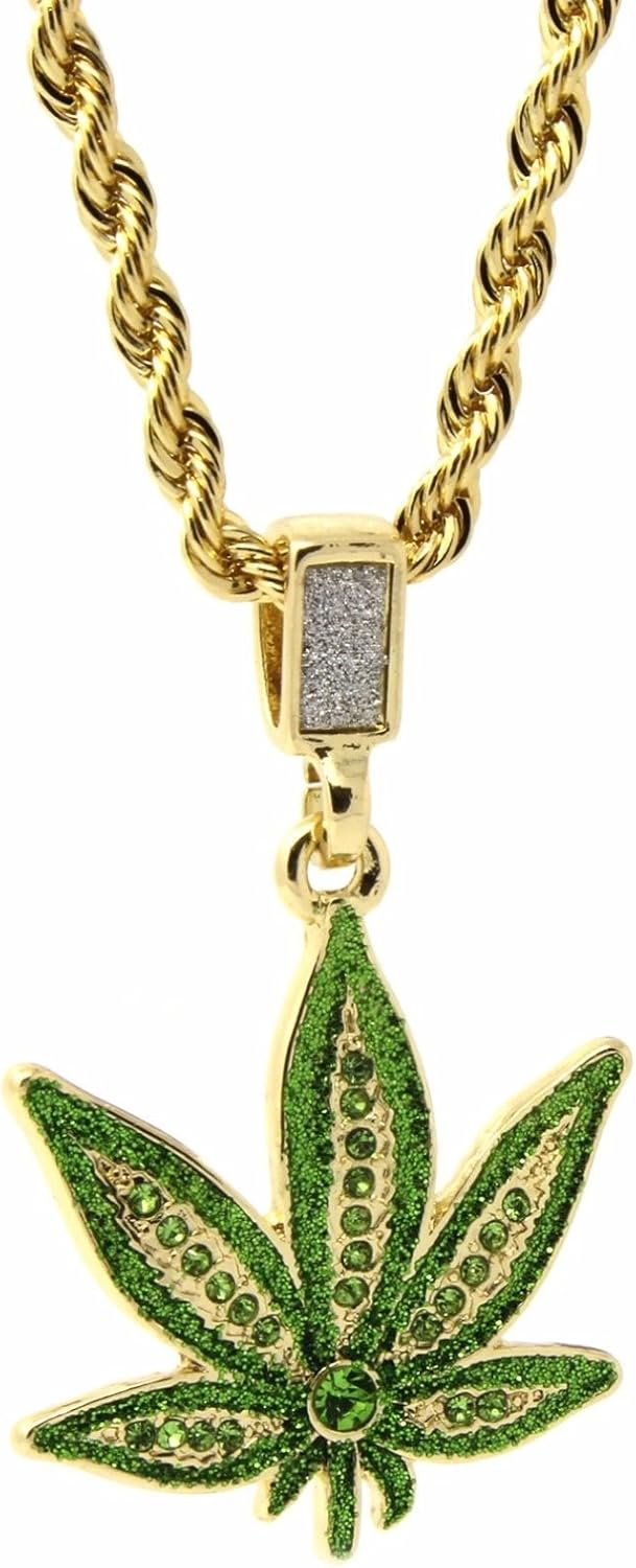 Pot Leaf Marijuana Iced Silver Plated 24" in Figaro Necklace Chain Weed