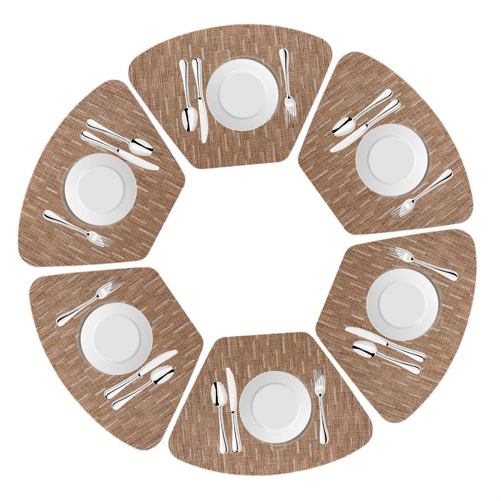 Drasawee Round Table Placemats Set of 6 Wedge Washable Table mats for Kitchen Table,Heat Resistant Round Table (Light Brown, Set of 6)