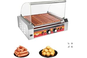 FIZIX 1670w Commercial Hot Dog Roller Grill - 11 Non-stick Rollers (30 Hot Dogs Capacity) Stainless Steel Sausage Cooker with Glass Cover, Dual Temperature Control, LED Light & Removable Drip Tray