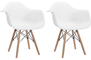 CangLong Natural Wood Legs Mid Century Modern Molded Shell Lounge Plastic Arm Chair for Living, Bedroom, Kitchen, Dining, Waiting Room,2 PCs Pack- White, Set of 2, White