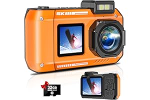 TUPSIO 5K UHD Rugged Waterproof Dustproof Shockproof Digital Camera with 32GB Card 70MP Autofocus Dual-Screen Selfie 33FT Underwater Camera for Snorkeling Point and Shoot Digital Camera SOS Light (Orange)