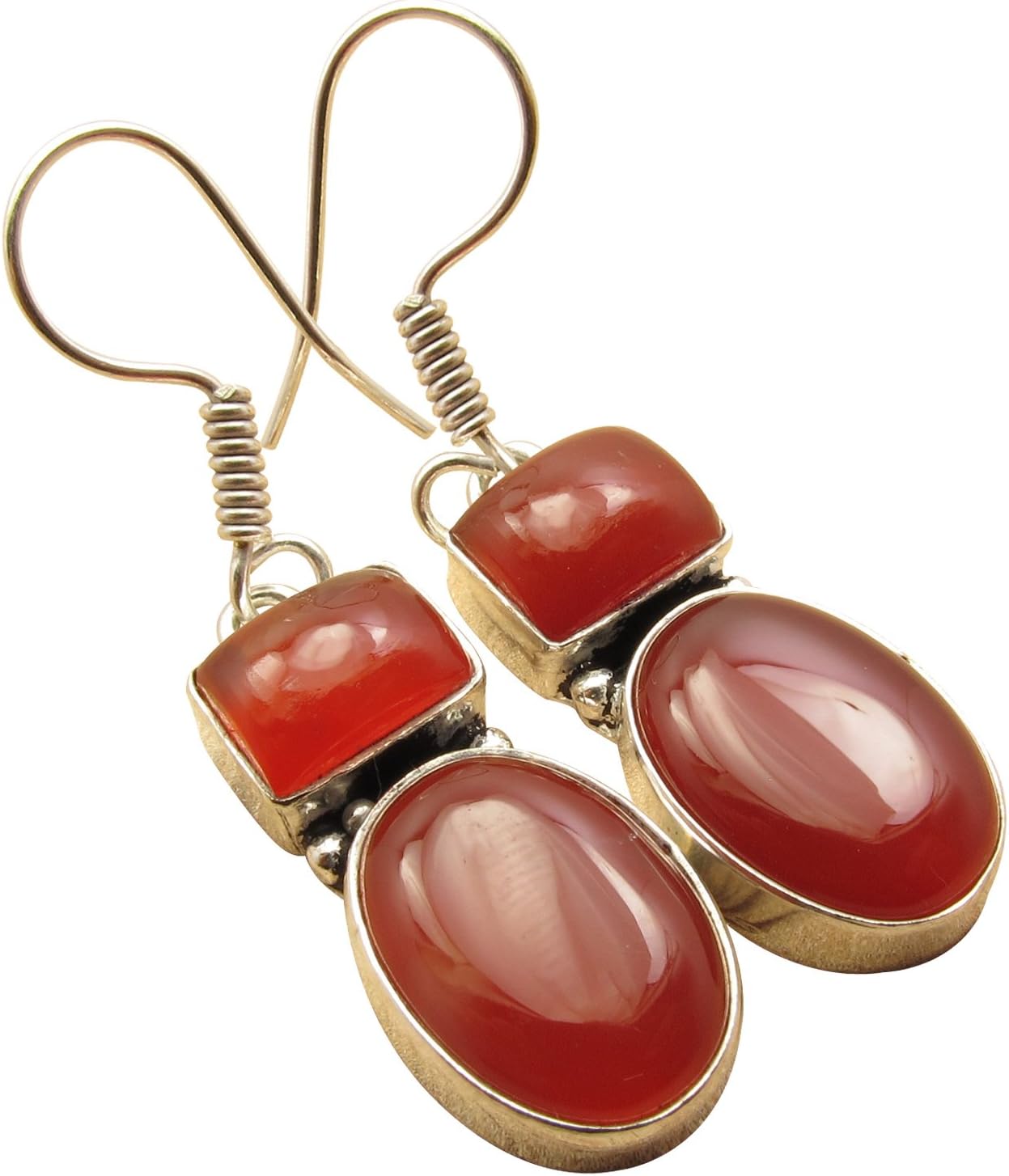 925 Sterling Silver Plated 2 STONE Earrings, Red CARNELIAN Handcrafted Birthday Present Jewelry