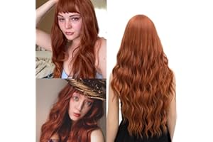 Netgo Orange Wig for Women, Long Wavy Orange Wig with Bangs, Heat Resistant Fiber Synthetic Ginger Curly Wigs Daily Party Cosplay Wigs for Girl